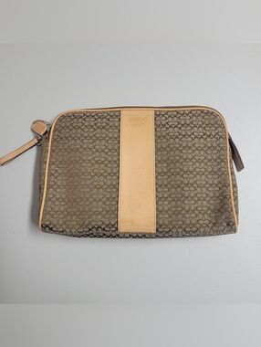 Coach Signature Canvas Leather Beige Brown Large Unisex Pouch.